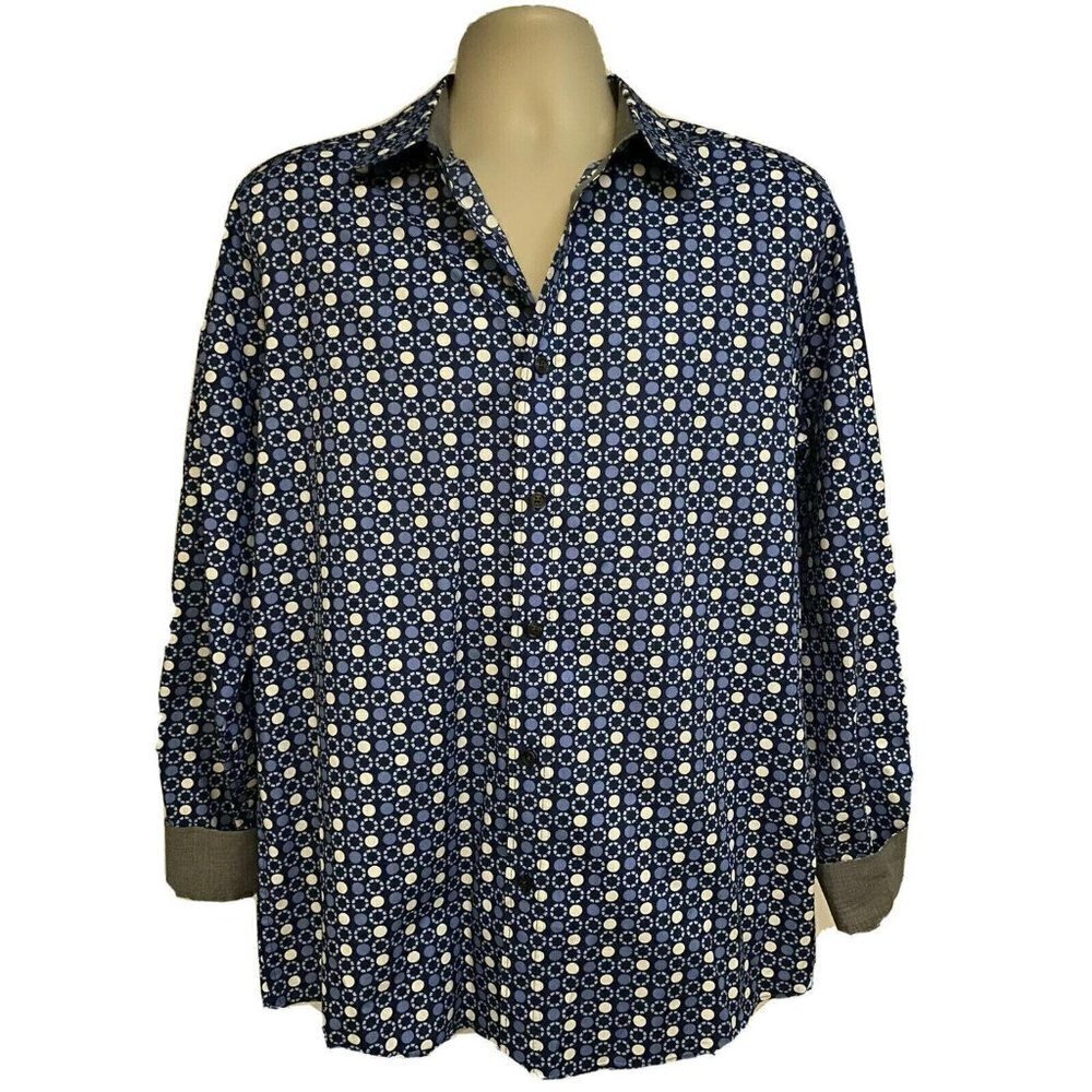 Michael Kors Tailored Fit Blue Button Front Shirt Large Contrast Collar Cuffs